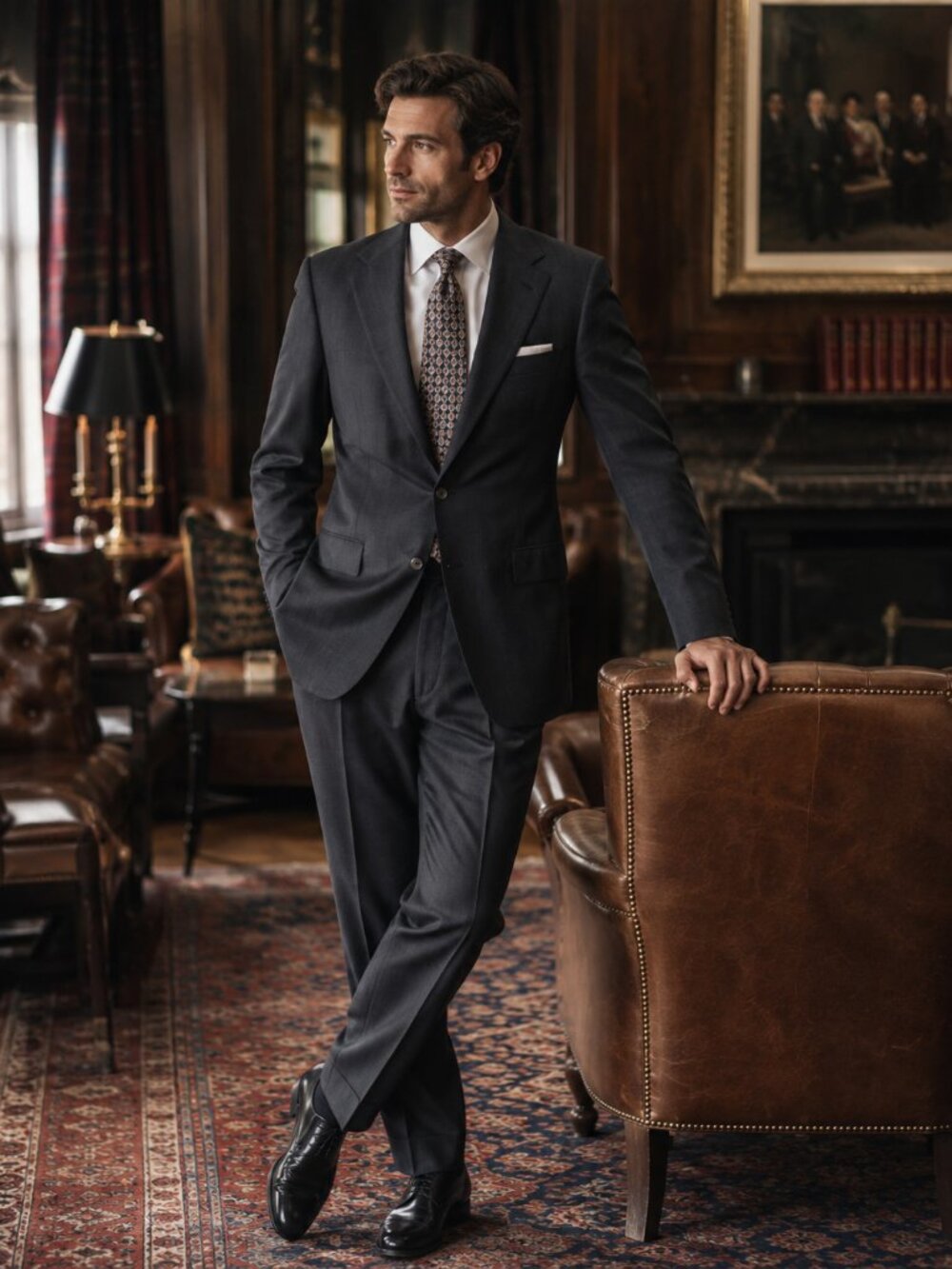 Polo University Club Gray Windowpane Suit 42R USA Wool 2PC Pleated Pants